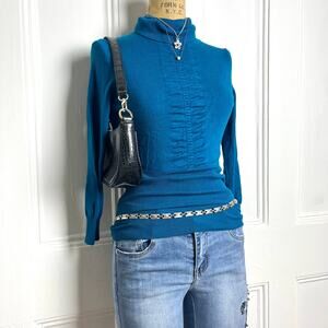 Express blue long sleeve ribbed turtleneck with scrunched front design, size xs